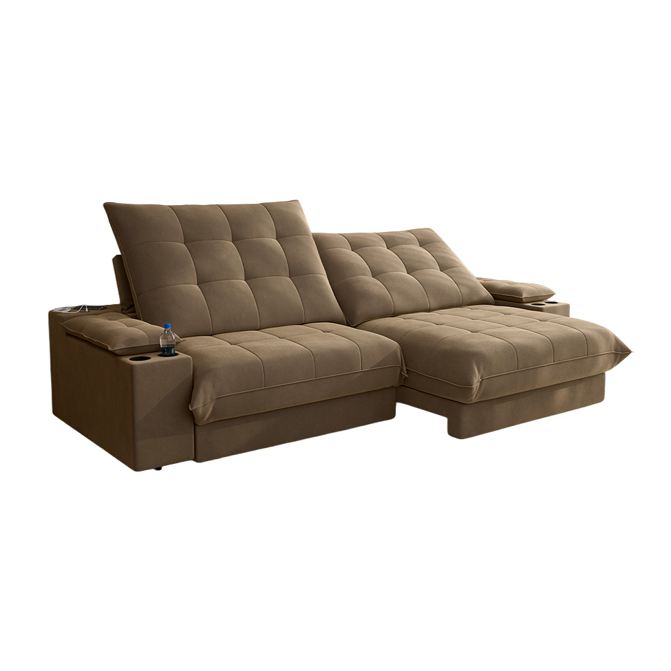 Sofá 4 Lugares Retrátil e Reclinável Volare com USB e Porta-Copos Veludo Castor