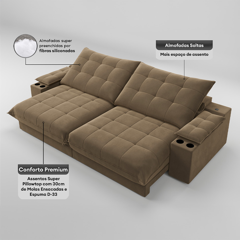 Sofá 4 Lugares Retrátil e Reclinável Volare com USB e Porta-Copos Veludo Castor