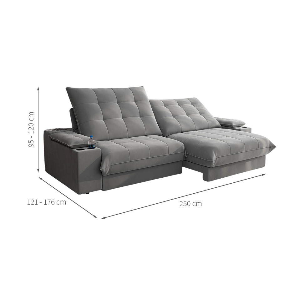 Sofá 4 Lugares Retrátil e Reclinável Volare com USB e Porta-Copos Veludo Cinza