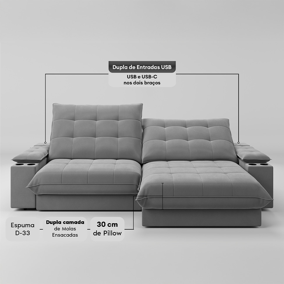 Sofá 4 Lugares Retrátil e Reclinável Volare com USB e Porta-Copos Veludo Cinza