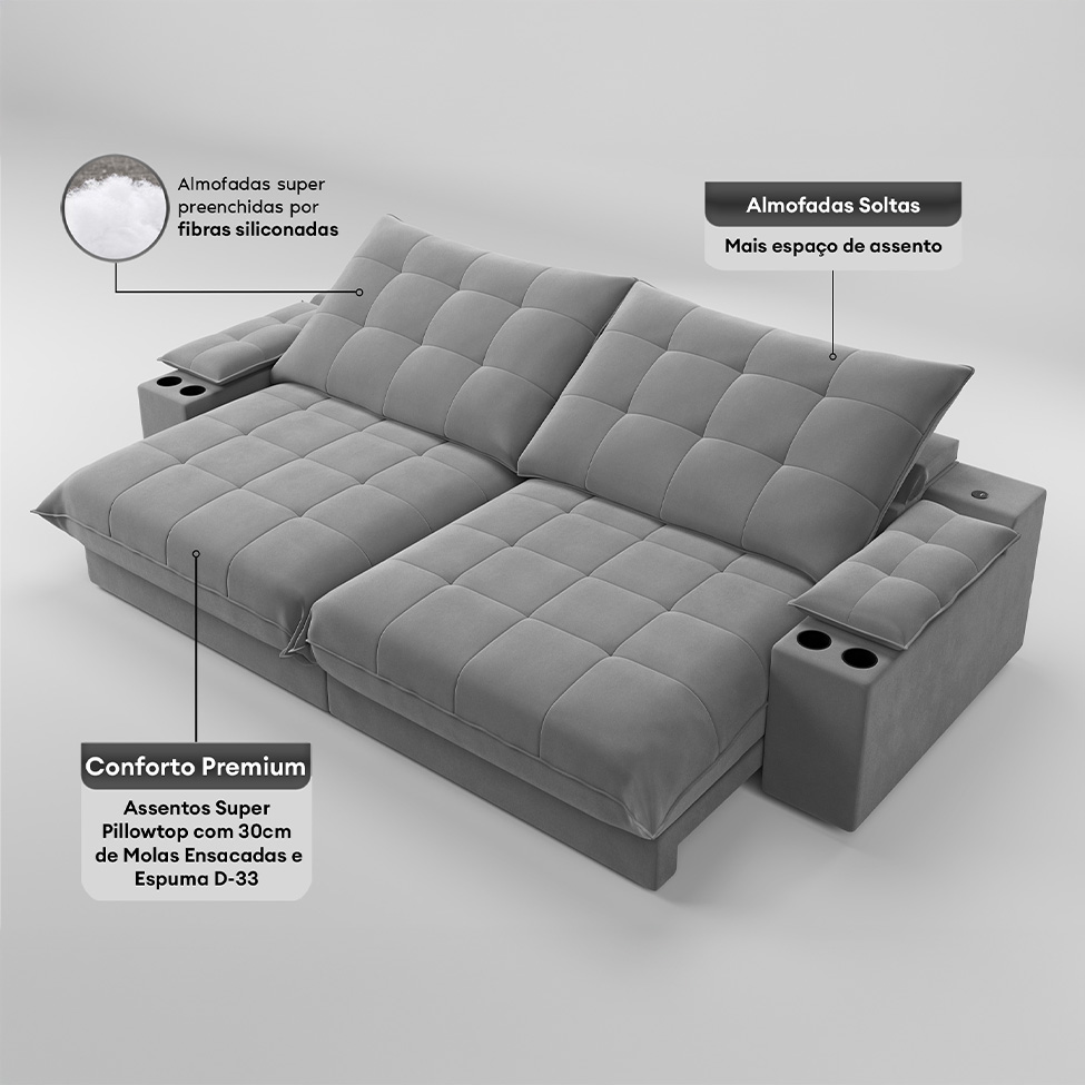 Sofá 4 Lugares Retrátil e Reclinável Volare com USB e Porta-Copos Veludo Cinza