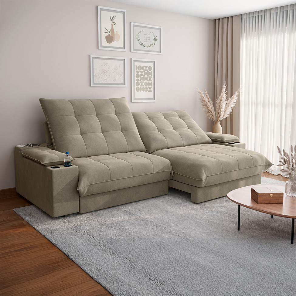 Sofá 4 Lugares Retrátil e Reclinável Volare com USB e Porta-Copos Veludo Fendi