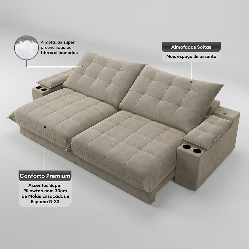 Sofá 4 Lugares Retrátil e Reclinável Volare com USB e Porta-Copos Veludo Fendi