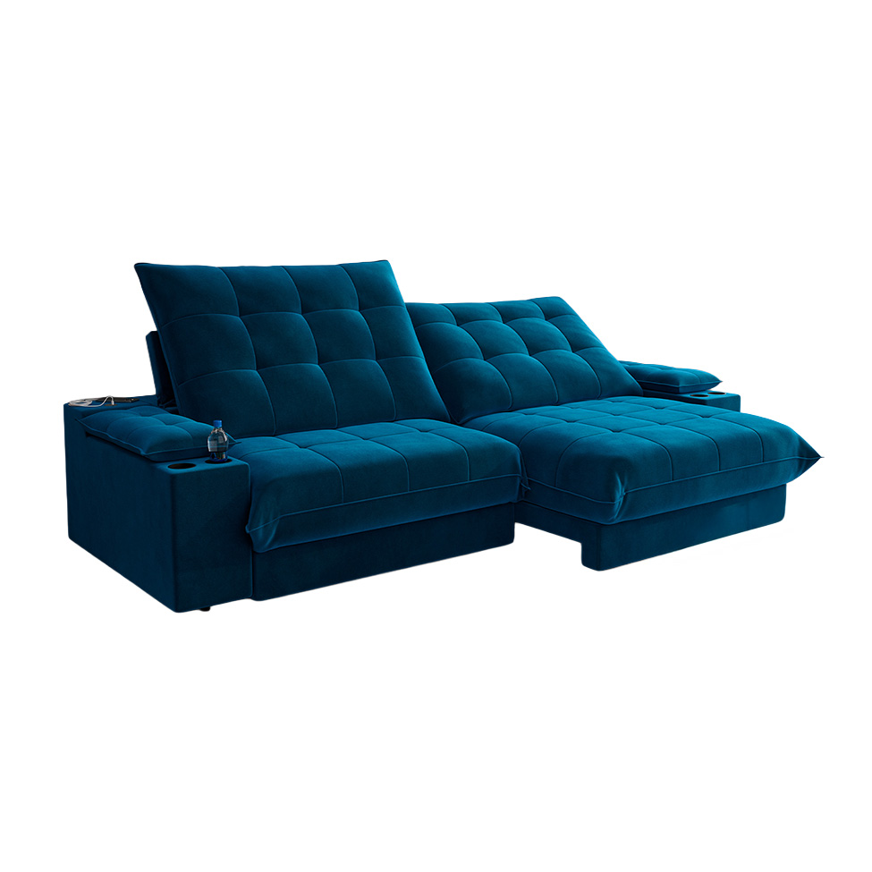 Sofá 4 Lugares Retrátil e Reclinável Volare com USB e Porta-Copos Veludo Marinho