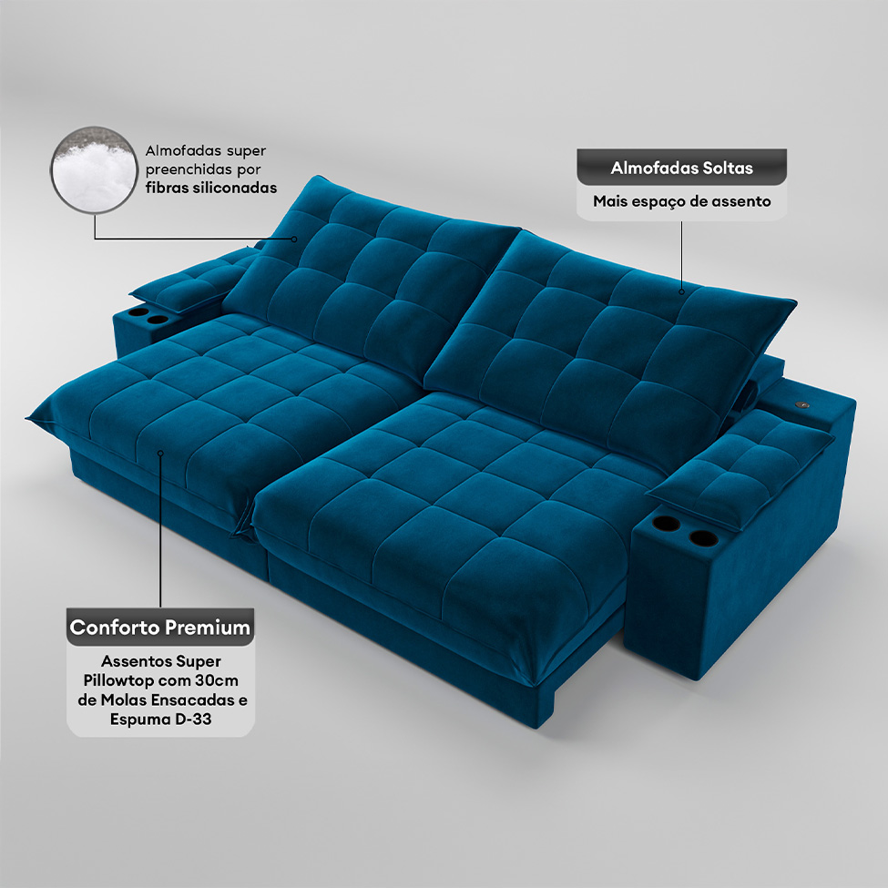 Sofá 4 Lugares Retrátil e Reclinável Volare com USB e Porta-Copos Veludo Marinho