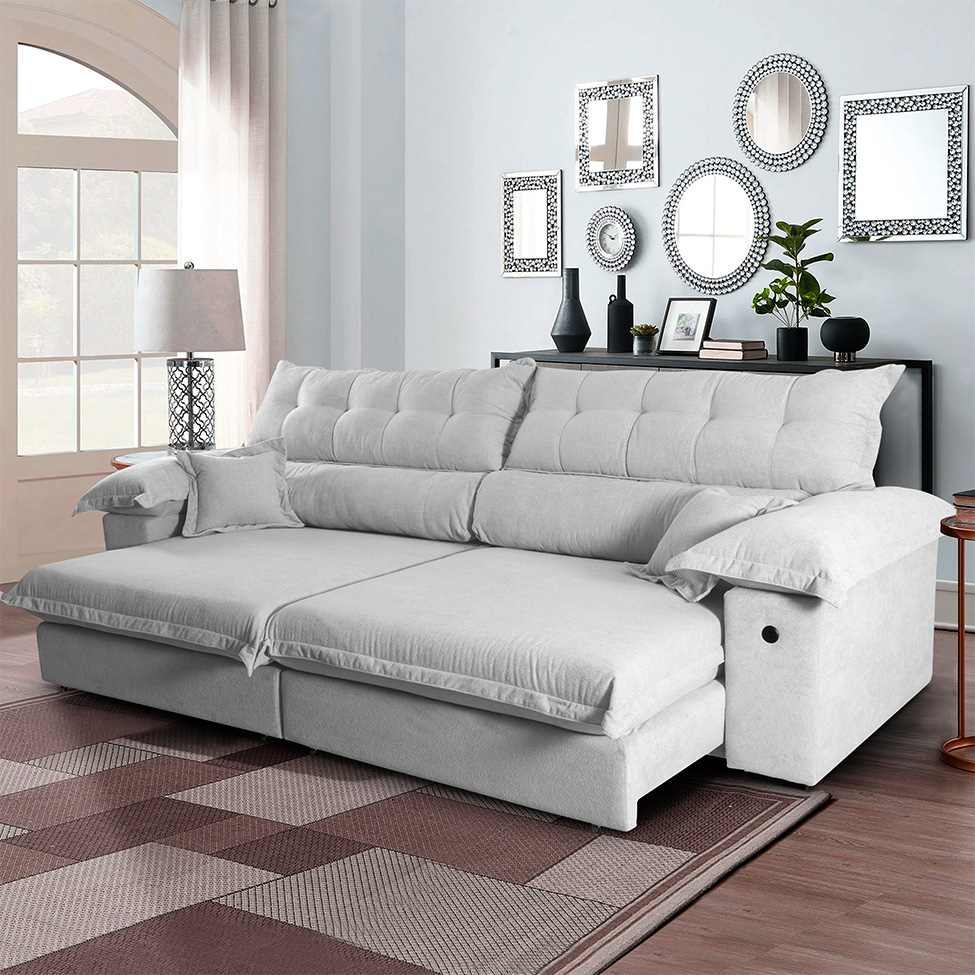 Sofá 4 Lugares Retrátil e Reclinável com USB Absoluto Linho Off White