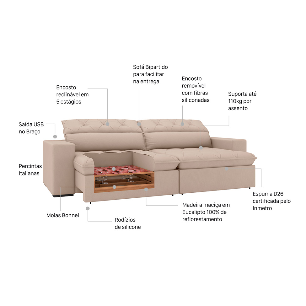 Sofá 4 Lugares Retrátil e Reclinável com USB Jazz Molas Suede Camurça 250 cm