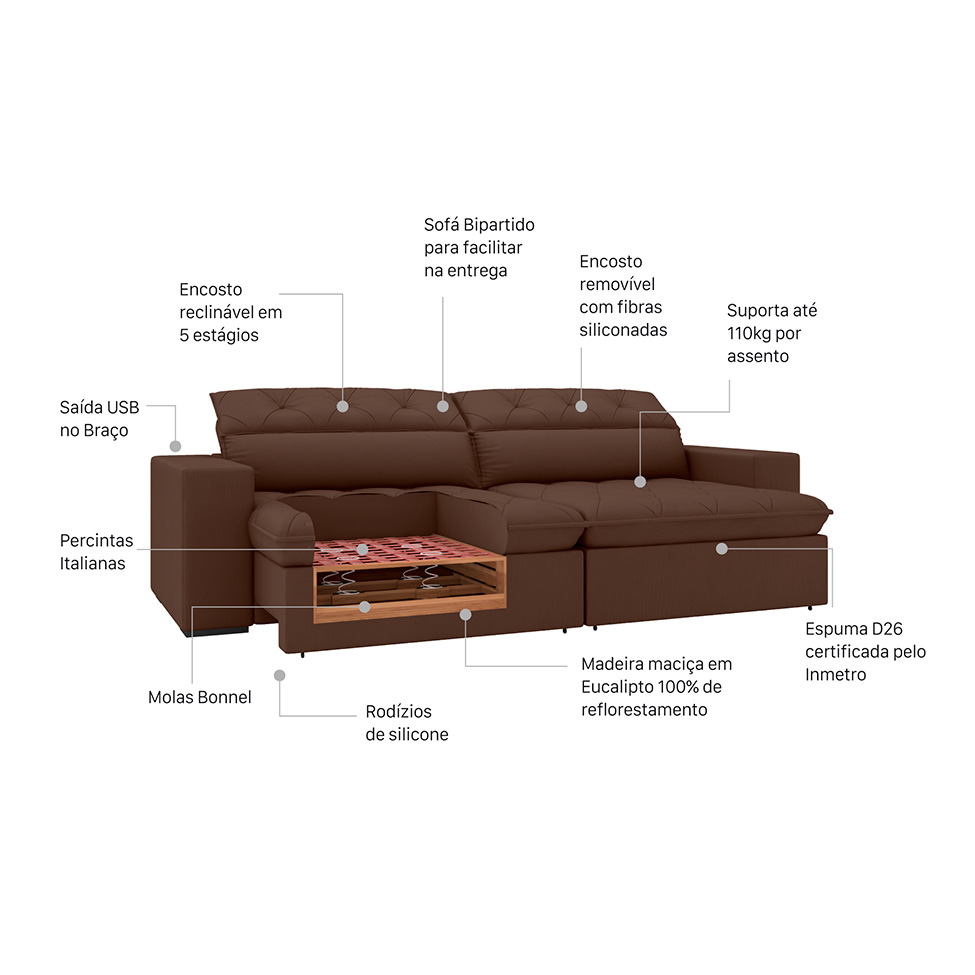 Sofá 4 Lugares Retrátil e Reclinável com USB Jazz Molas Suede Chocolate 250 cm
