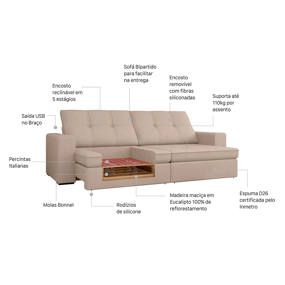 Sofá 4 Lugares Retrátil e Reclinável com USB Versalhes Molas Suede Camurça 270 cm