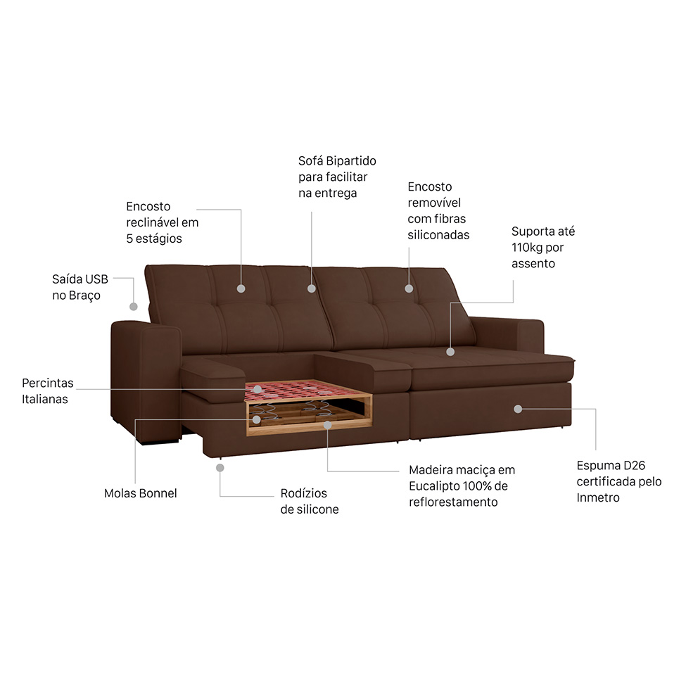 Sofá 4 Lugares Retrátil e Reclinável com USB Versalhes Molas Suede Chocolate 270 cm