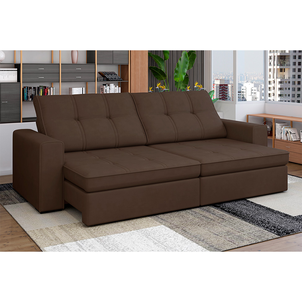 Sofá 4 Lugares Retrátil e Reclinável com USB Versalhes Molas Suede Chocolate 270 cm