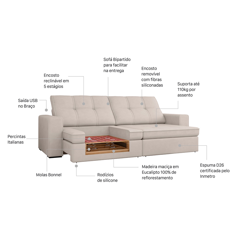 Sofá 4 Lugares Retrátil e Reclinável com USB Versalhes Molas Suede Marfim 270 cm