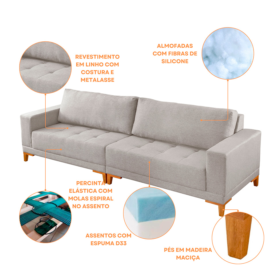 Sofá 4 Lugares Volga Plus Linho Cinza Claro 280 cm