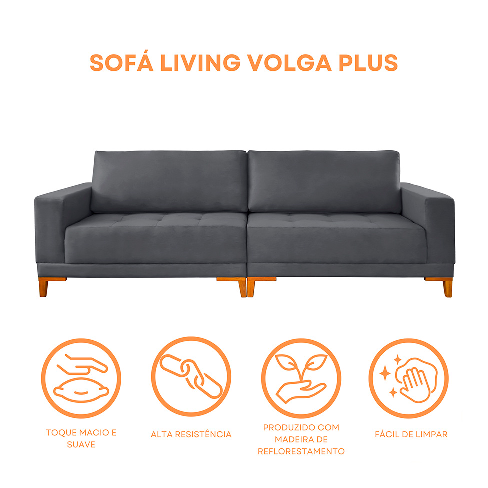 Sofá 4 Lugares Volga Plus Veludo Grafite 280 cm