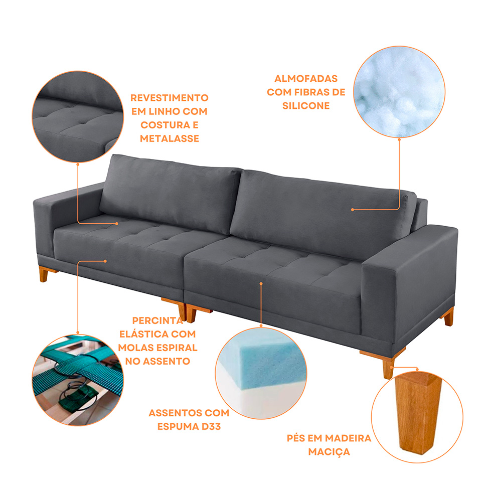 Sofá 4 Lugares Volga Plus Veludo Grafite 280 cm