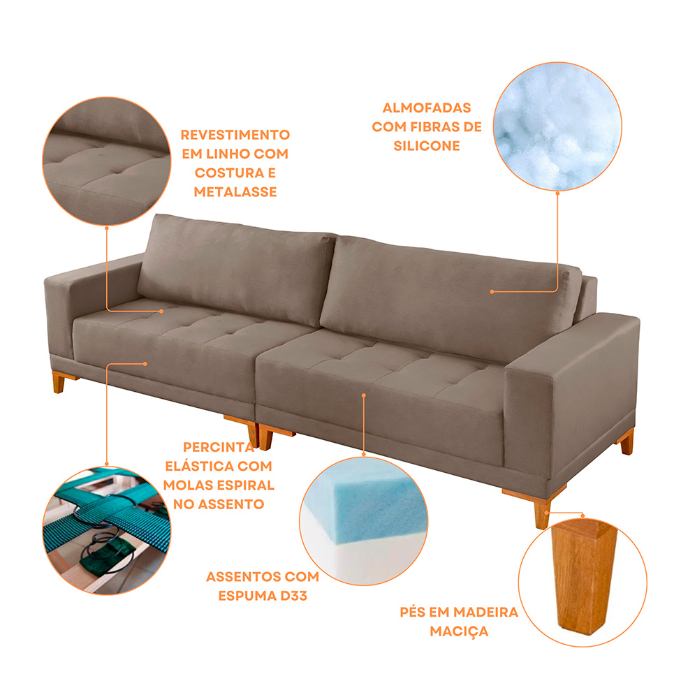 Sofá 4 Lugares Volga Plus Veludo Marrom 280 cm