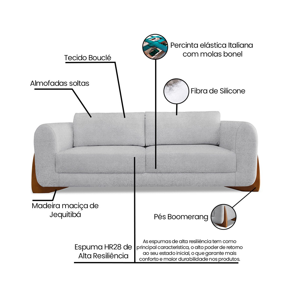 Sofá 4 Lugares Yves Bouclé Cinza 250 cm