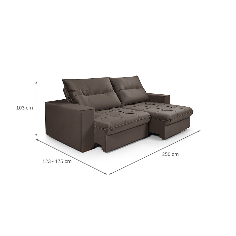 Sofá 4 lugares Retrátil e Reclinavél Cancun Veludo Marrom 250 cm