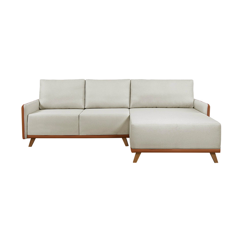Sofá 5 Lugares Geribá com Chaise Direito Linho Bege e Caramelo