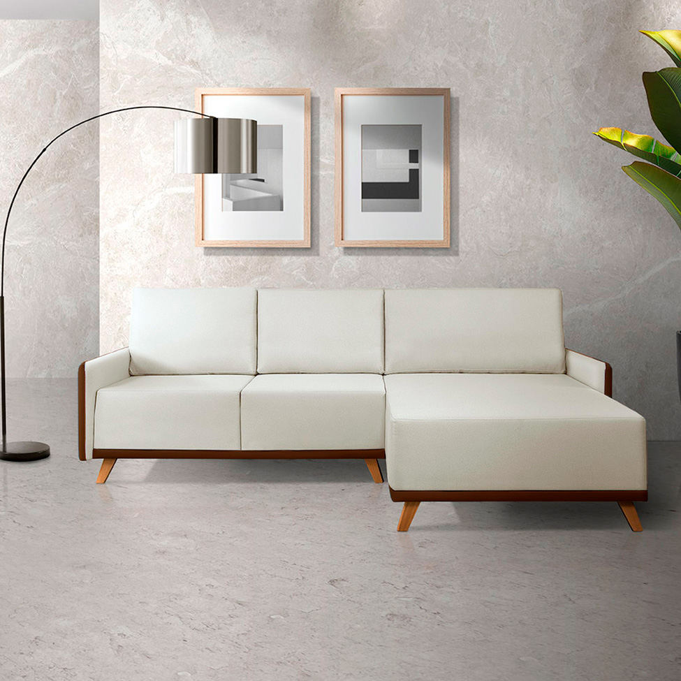 Sofá 5 Lugares Geribá com Chaise Direito Linho Bege e Marrom