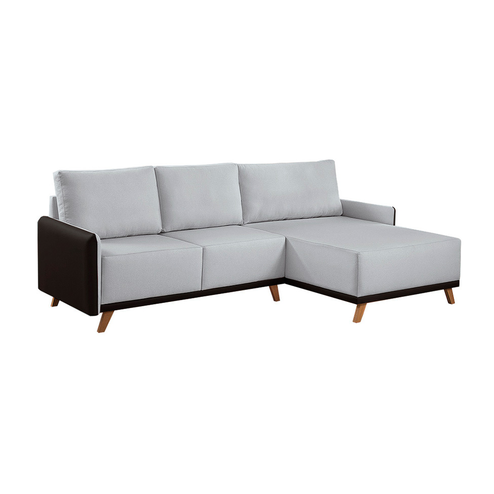 Sofá 5 Lugares Geribá com Chaise Direito Linho Cinza Claro e Preto