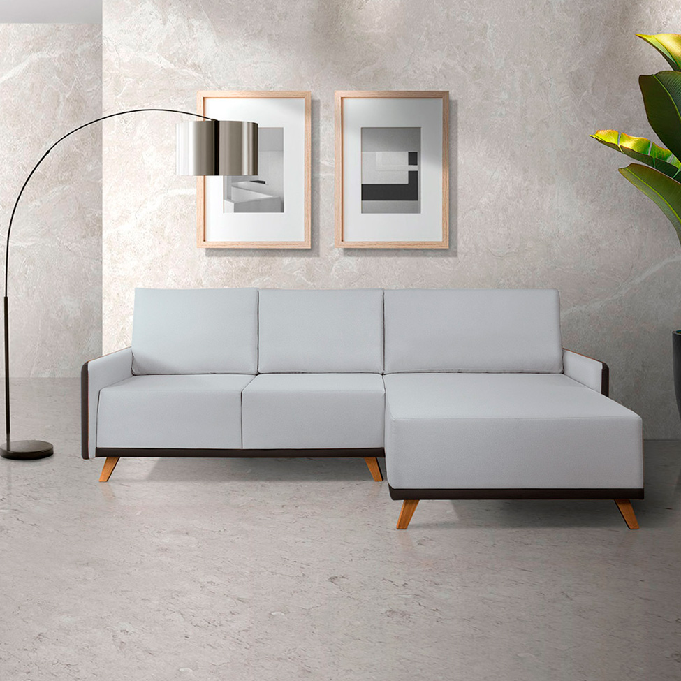 Sofá 5 Lugares Geribá com Chaise Direito Linho Cinza Claro e Preto