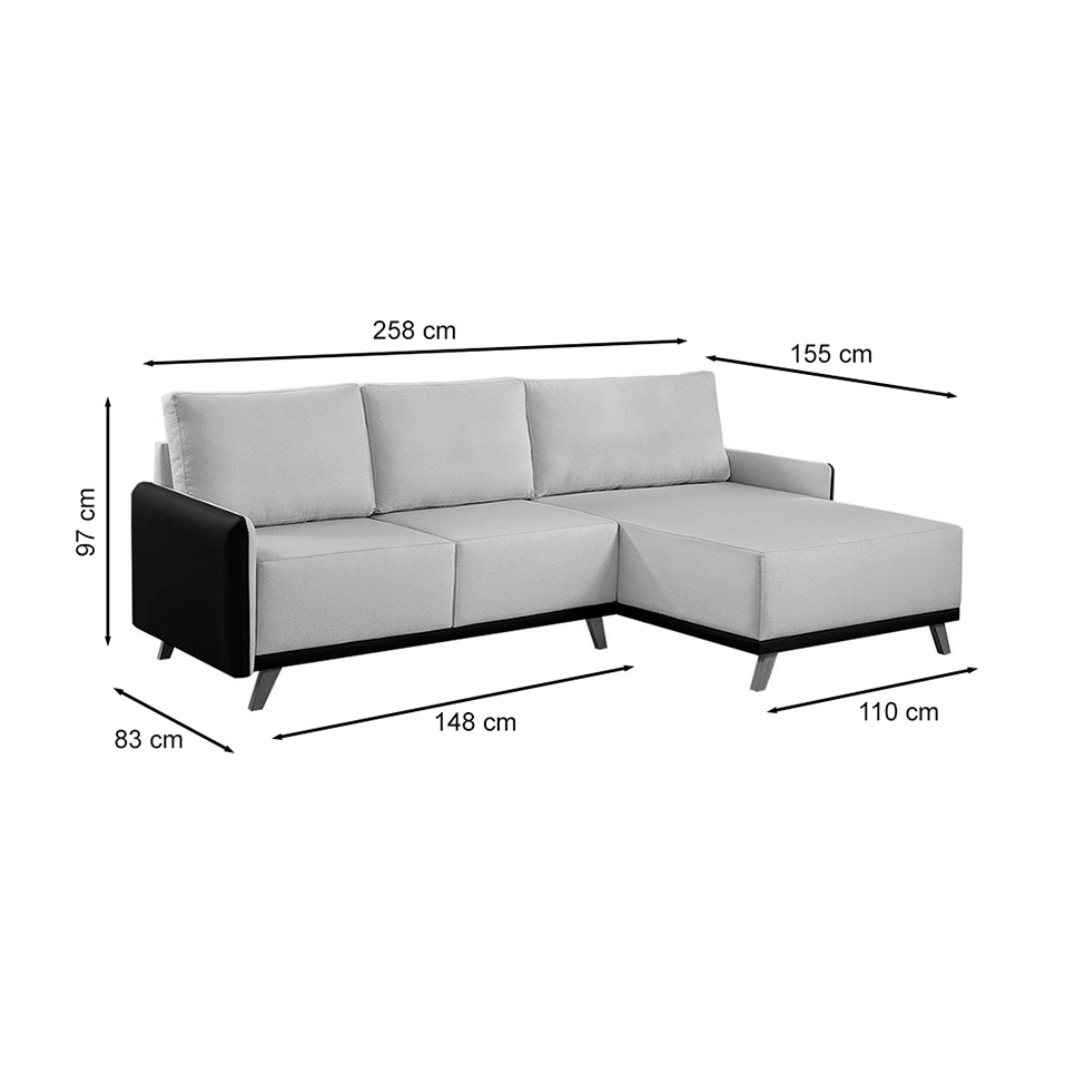 Sofá 5 Lugares Geribá com Chaise Direito Linho Cinza Claro e Preto