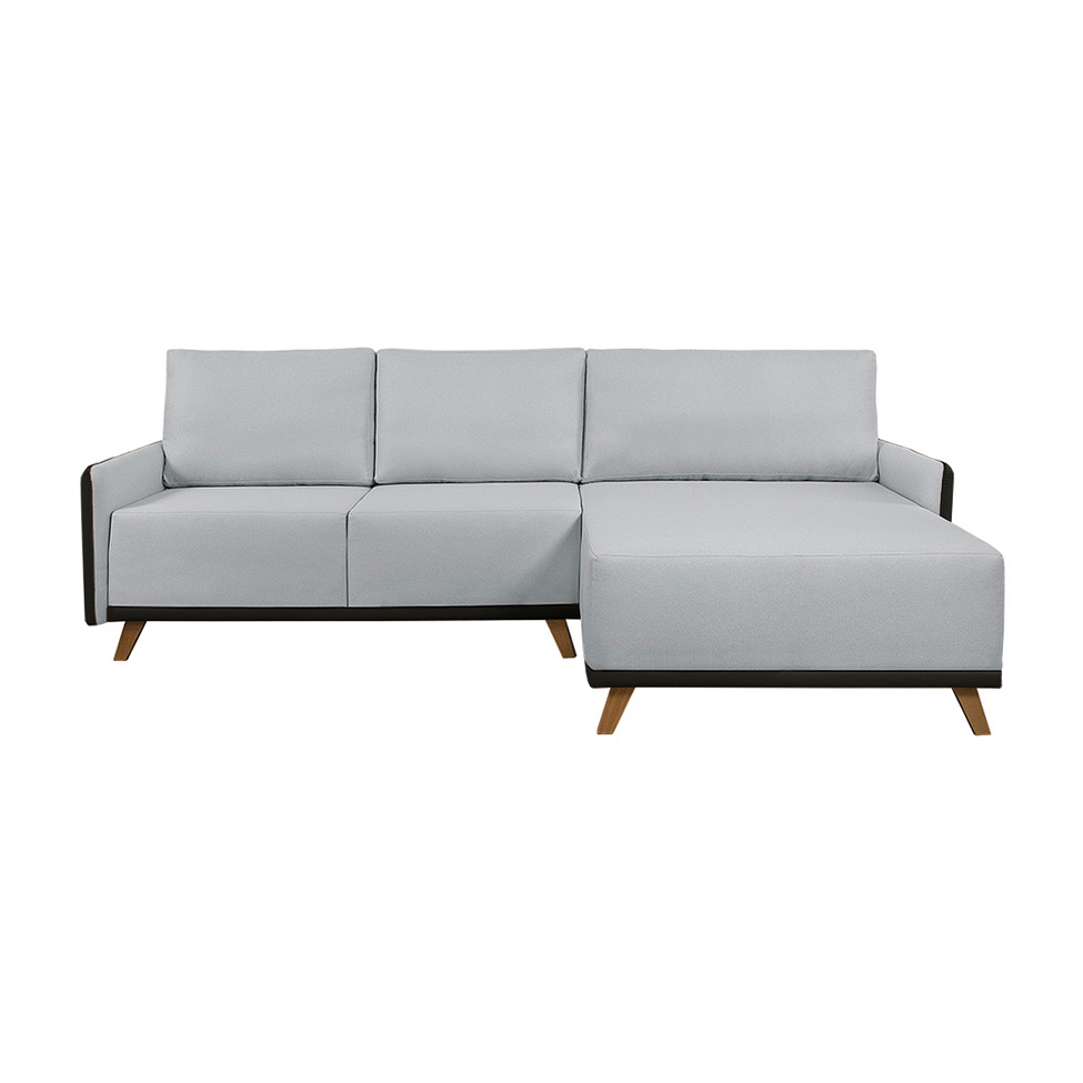 Sofá 5 Lugares Geribá com Chaise Direito Linho Cinza Claro e Preto