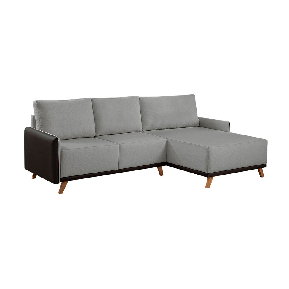 Sofá 5 Lugares Geribá com Chaise Direito Linho Cinza e Preto