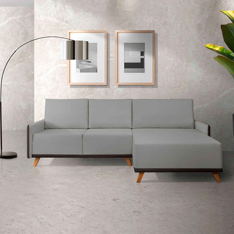 Sofá 5 Lugares Geribá com Chaise Direito Linho Cinza e Preto