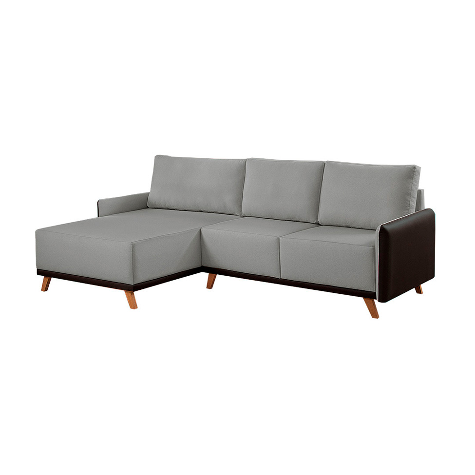 Sofá 5 Lugares Geribá com Chaise Esquerdo Linho Cinza e Preto