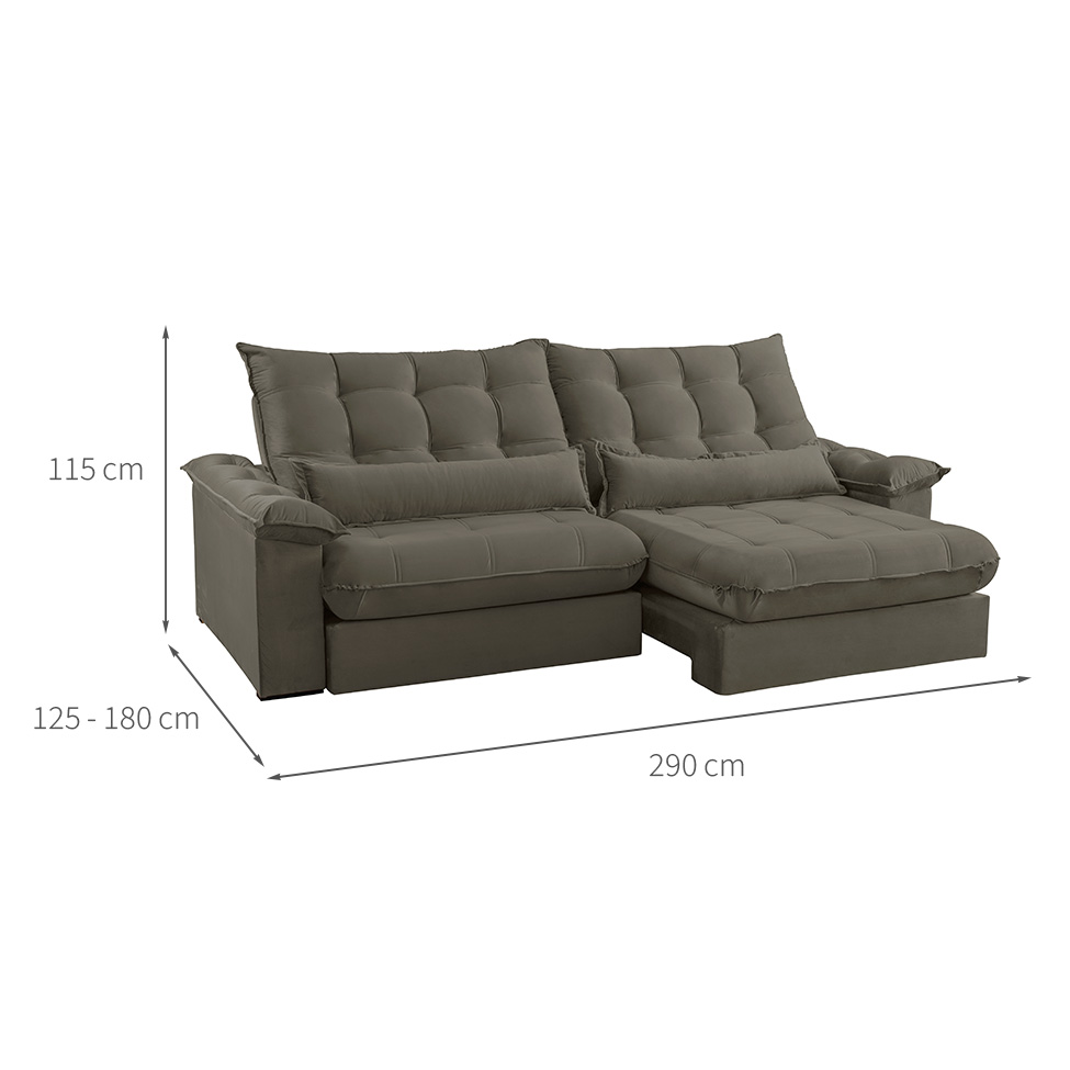 Sofá 5 Lugares Retrátil e Reclinável Aruba Veludo Cinza 290 cm