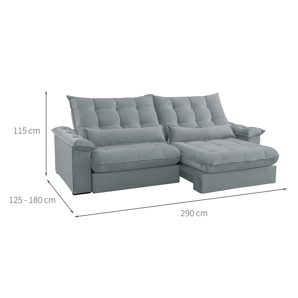 Sofá 5 Lugares Retrátil e Reclinável Aruba Veludo Cinza Claro 290 cm