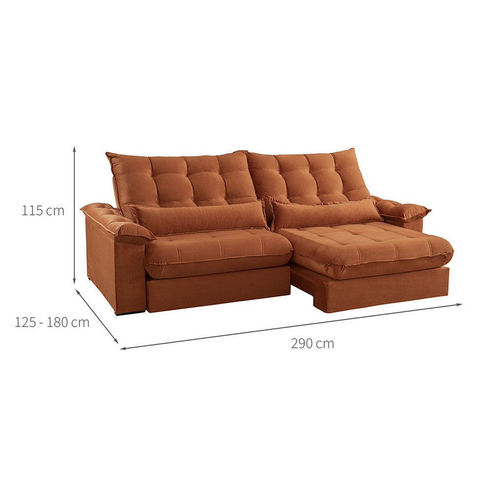 Sofá 5 Lugares Retrátil e Reclinável Aruba Veludo Terracota 290 cm