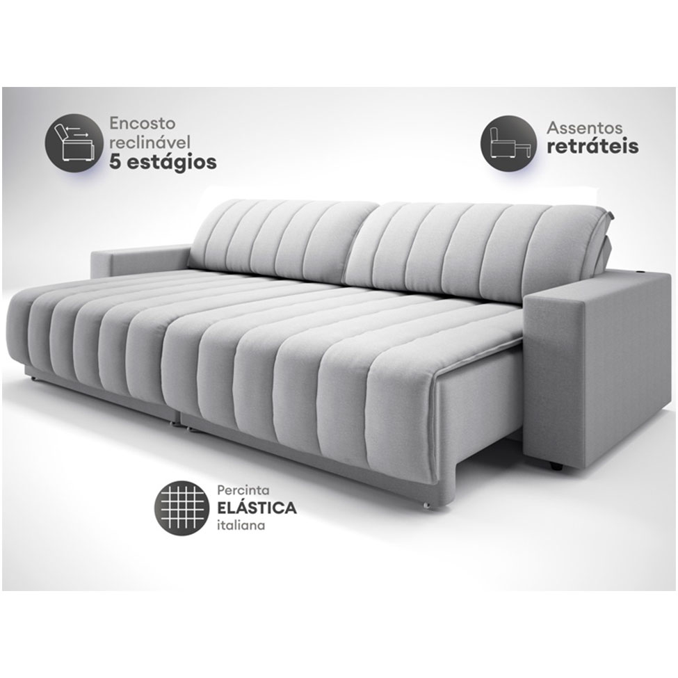 Sofá 5 Lugares Retrátil e Reclinável México com USB Linho Prata