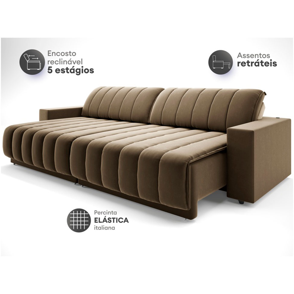 Sofá 5 Lugares Retrátil e Reclinável México com USB Veludo Castor