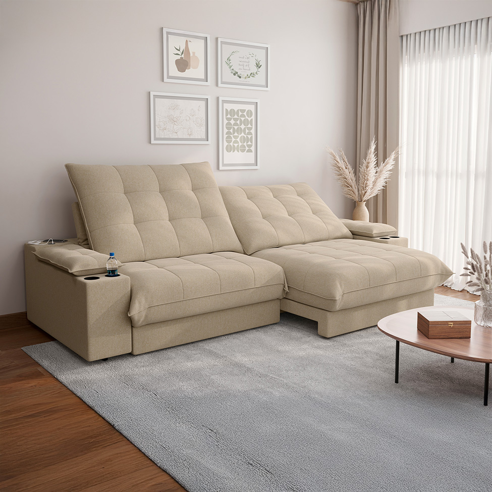 Sofá 5 Lugares Retrátil e Reclinável Volare com USB e Porta-Copos Linho Bege