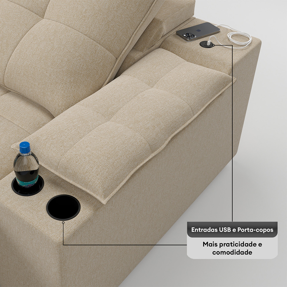 Sofá 5 Lugares Retrátil e Reclinável Volare com USB e Porta-Copos Linho Bege