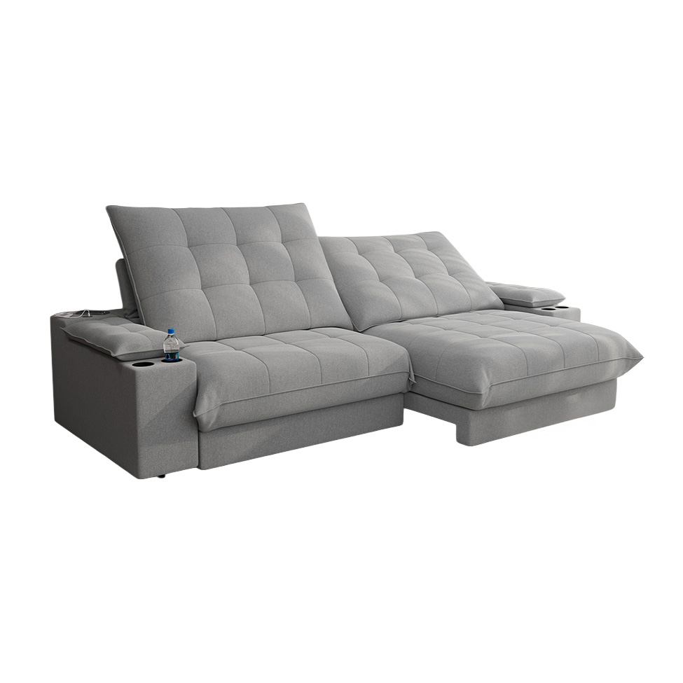 Sofá 5 Lugares Retrátil e Reclinável Volare com USB e Porta-Copos Linho Prata