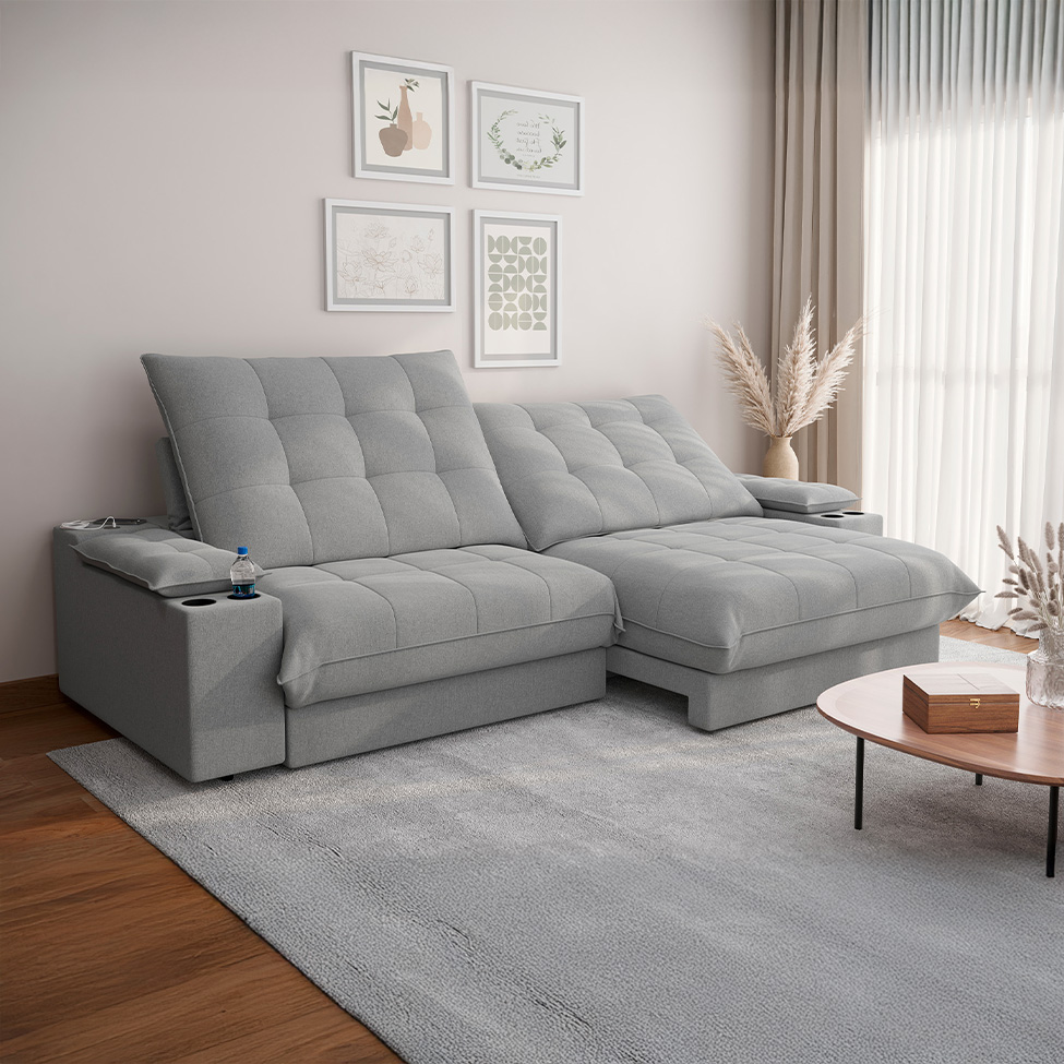 Sofá 5 Lugares Retrátil e Reclinável Volare com USB e Porta-Copos Linho Prata