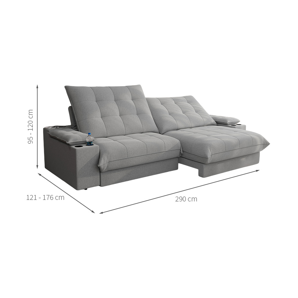 Sofá 5 Lugares Retrátil e Reclinável Volare com USB e Porta-Copos Linho Prata