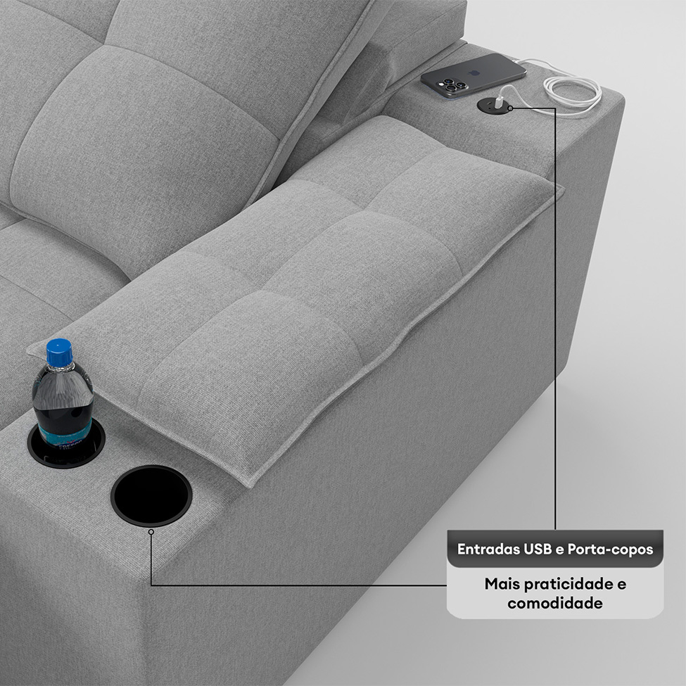 Sofá 5 Lugares Retrátil e Reclinável Volare com USB e Porta-Copos Linho Prata