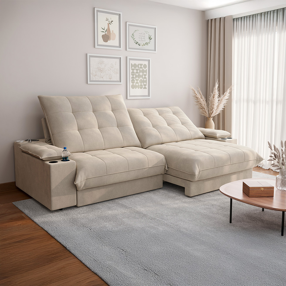 Sofá 5 Lugares Retrátil e Reclinável Volare com USB e Porta-Copos Veludo Areia