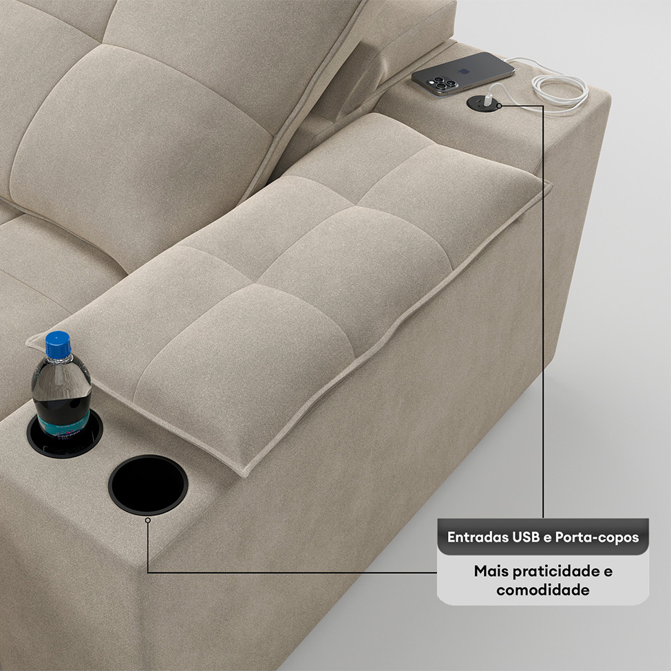 Sofá 5 Lugares Retrátil e Reclinável Volare com USB e Porta-Copos Veludo Areia