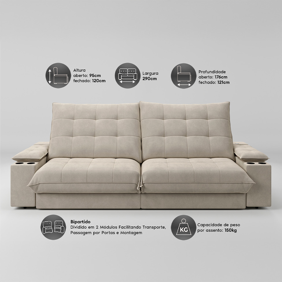 Sofá 5 Lugares Retrátil e Reclinável Volare com USB e Porta-Copos Veludo Areia