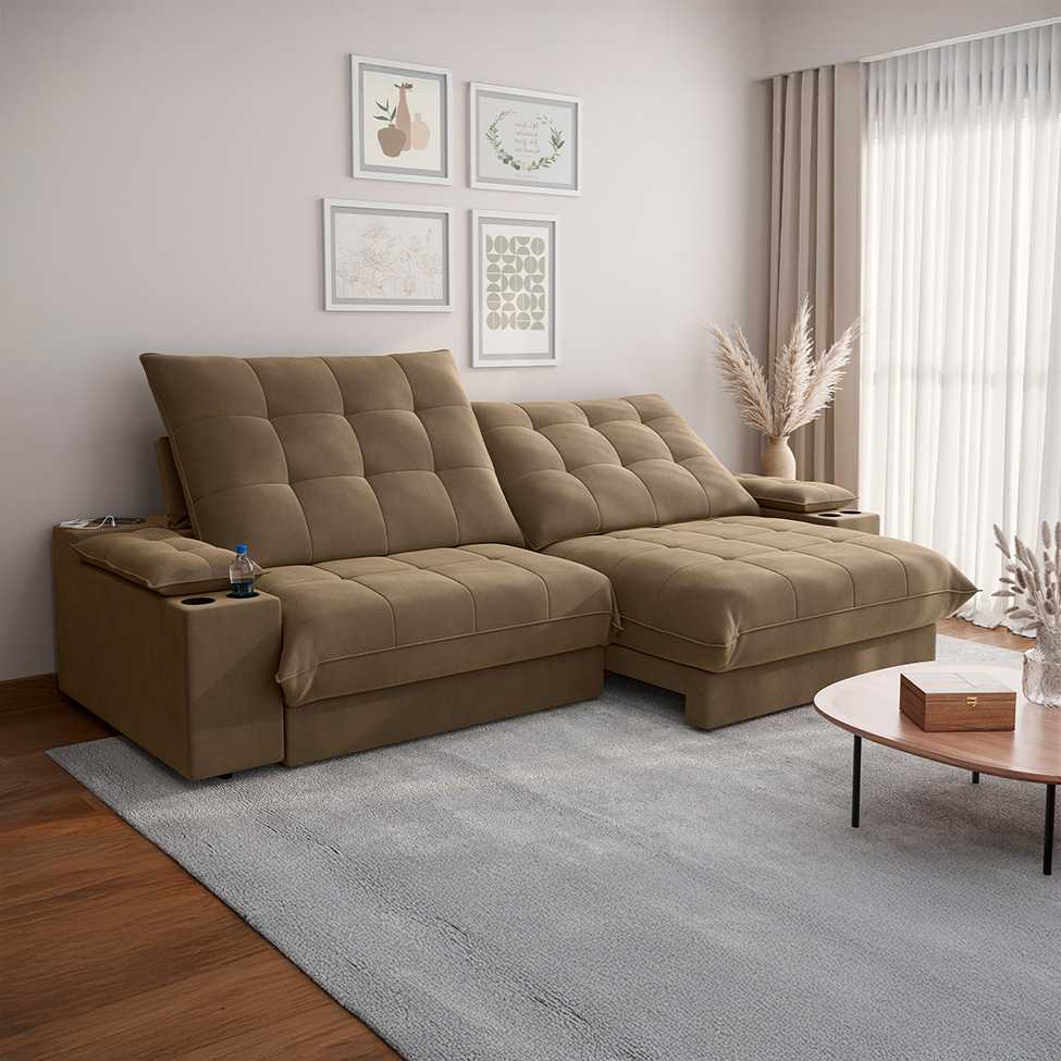 Sofá 5 Lugares Retrátil e Reclinável Volare com USB e Porta-Copos Veludo Castor