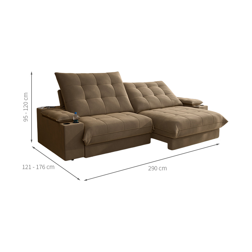 Sofá 5 Lugares Retrátil e Reclinável Volare com USB e Porta-Copos Veludo Castor