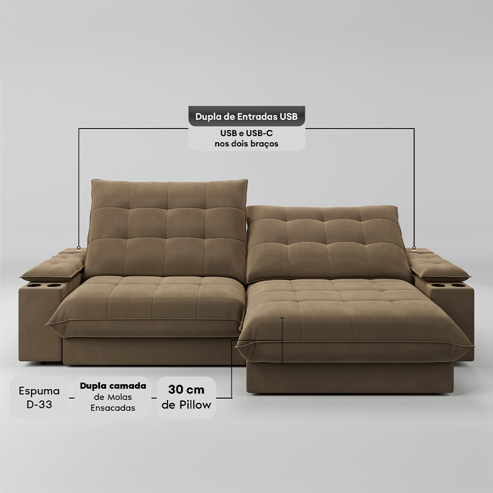 Sofá 5 Lugares Retrátil e Reclinável Volare com USB e Porta-Copos Veludo Castor