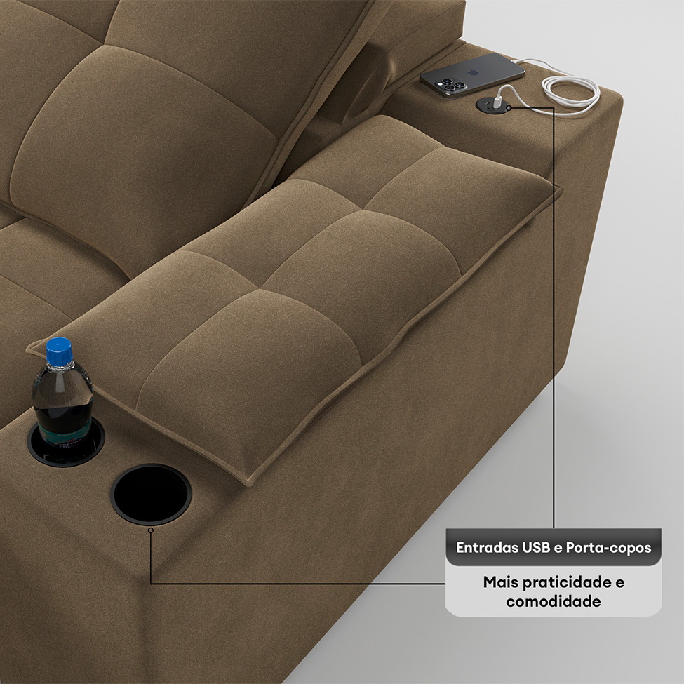 Sofá 5 Lugares Retrátil e Reclinável Volare com USB e Porta-Copos Veludo Castor