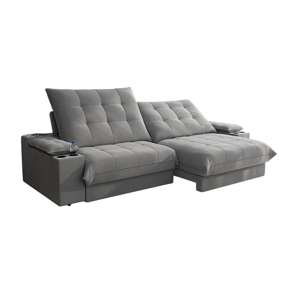 Sofá 5 Lugares Retrátil e Reclinável Volare com USB e Porta-Copos Veludo Cinza